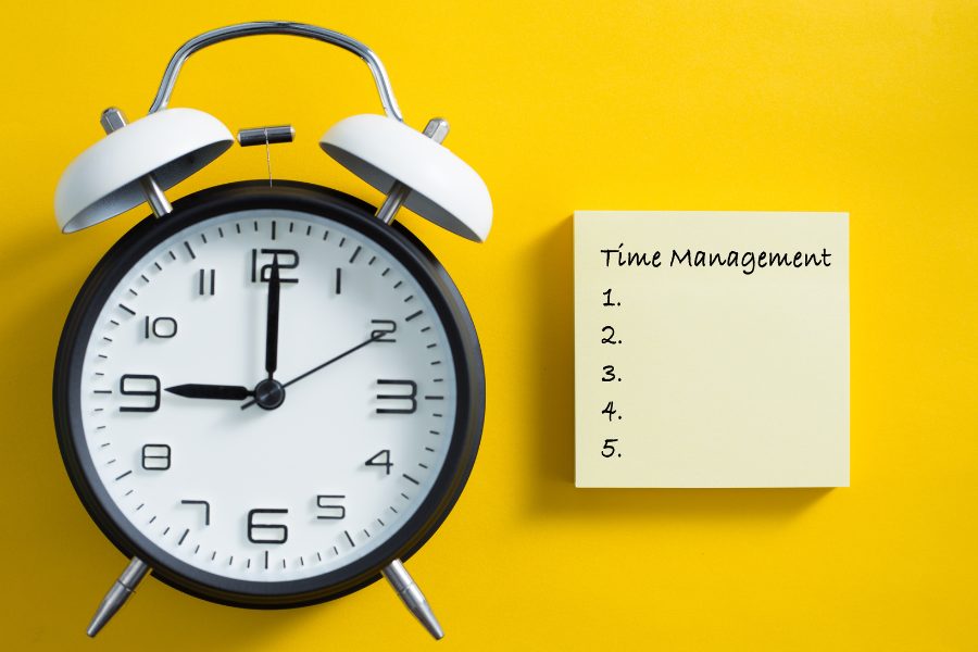 A title card with the text 'Time Management Skills.' This skill refers to the ability to plan, organize, and control how much time is spent on specific activities, ensuring efficiency and productivity.